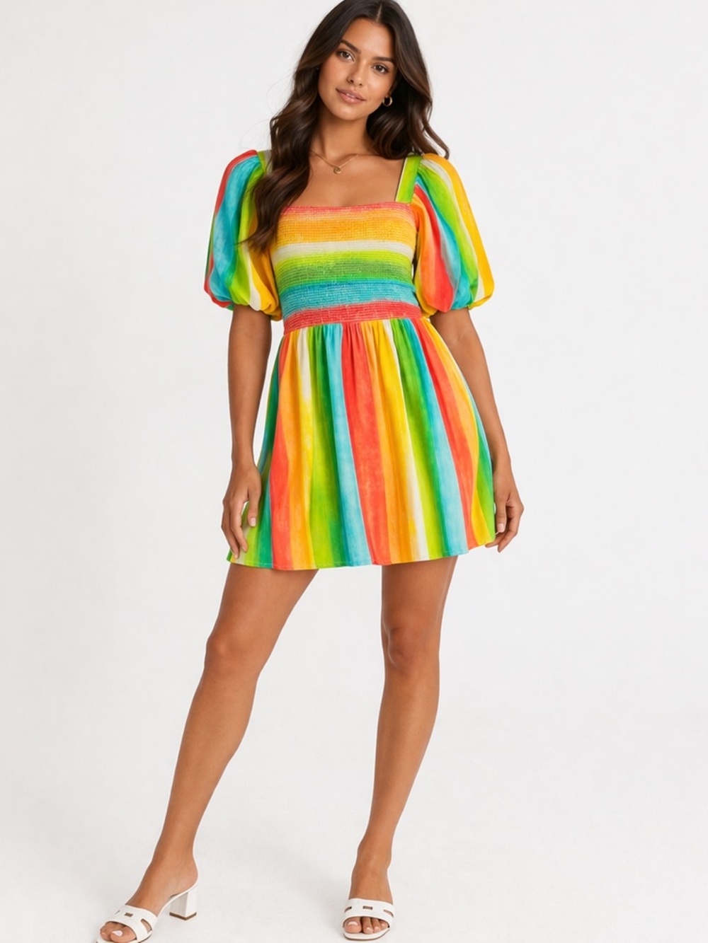AMUR Campbell Rainbow Striped Smocked Mini Dress NWT Size 2 Puff Sleeve - Picture 11 of 11